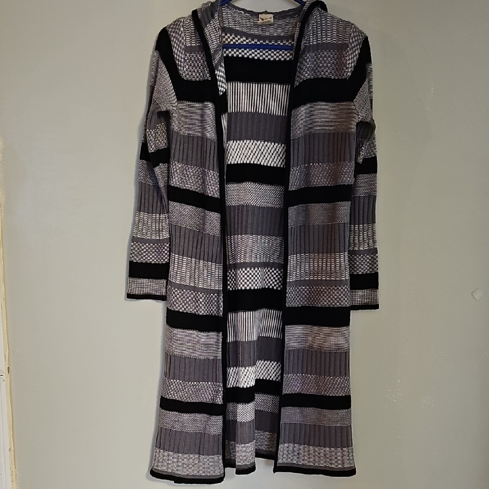Faded Glory Black and Gray Striped Cardigan Sweater